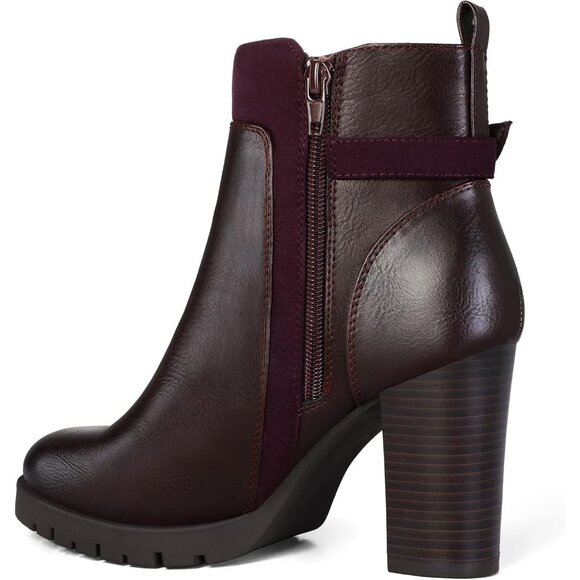 Women's Burgundy Ankle Boots Chunky Stacked Heel Side Zipper Classic Boots - Picture 5 of 6